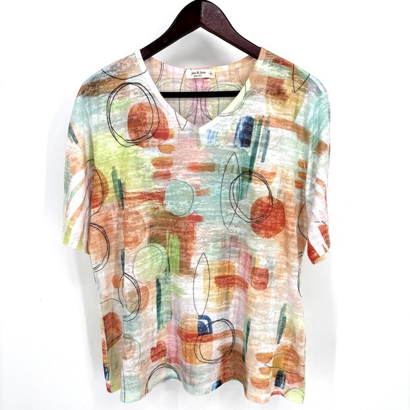 Jess & Jane Tops - Jess & Jane Top XL Multicolor Burnout Tee Watercolor Abstract Short Sleeve Shirt